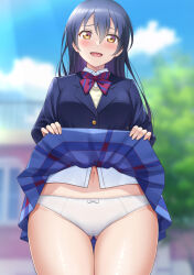 Rule 34 | 1girl, black hair, blazer, blue skirt, blue sky, blurry, blurry background, bow, bowtie, clothes lift, cloud, day, gluteal fold, hair between eyes, highres, jacket, lifted by self, long sleeves, looking at viewer, love live!, love live! school idol project, mibushiro, navel, open mouth, outdoors, panties, plaid, plaid skirt, red bow, red bowtie, school uniform, skirt, skirt lift, sky, smile, solo, sonoda umi, striped bow, striped bowtie, striped clothes, underwear, white panties, yellow eyes