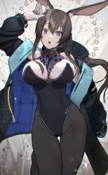 Rule 34 | 1girl, :o, alternate breast size, amiya (arknights), animal ear fluff, animal ears, arknights, arm up, ascot, bad id, bad pixiv id, bare shoulders, between breasts, black coat, black leotard, black pantyhose, blue eyes, breasts, brown hair, cleavage, clothes writing, coat, commentary request, fake animal ears, highleg, highleg leotard, highres, jewelry, large breasts, leg up, leotard, long hair, looking at viewer, looking back, off shoulder, open clothes, open coat, open mouth, pantyhose, playboy bunny, rabbit ears, revision, ring, sidelocks, sleeves past wrists, solo, standing, standing on one leg, star (symbol), strapless, strapless leotard, thigh gap, wakahiko