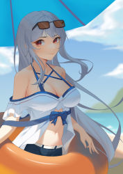Rule 34 | 1girl, absurdres, arknights, bare shoulders, beach umbrella, blue sky, breasts, chinese commentary, cleavage, cloud, collarbone, commentary request, day, eyewear on head, highres, innertube, large breasts, liu zhu, long hair, looking at viewer, navel, no headwear, off-shoulder shirt, off shoulder, outdoors, red eyes, shirt, short sleeves, silver hair, skadi (arknights), skadi (waverider) (arknights), sky, smile, solo, stomach, sunglasses, swim ring, umbrella, upper body, very long hair, white shirt