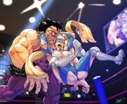 Rule 34 | 1boy, 1girl, black hair, blonde hair, blue eyes, boots, breasts, cleavage, diepod, domino mask, highres, hugo andore, leotard, long hair, mask, open mouth, rainbow mika, street fighter, street fighter iii (series), street fighter v, twintails, very long hair, wrestling, wrestling outfit