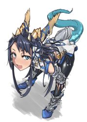 1girl, bent over, blue eyes, blue hair, china dress, chinese clothes, dragon tail, dress, fingerless gloves, gauntlets, gloves, hair ornament, hands on own knees, highres, horns, karin (p&amp;d), long hair, looking at viewer, open mouth, p (tidoriashi), puzzle &amp; dragons, simple background, solo, spiked knuckles, standing, tail, white background