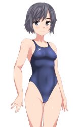 Rule 34 | 1girl, absurdres, bad id, bad pixiv id, black eyes, black hair, black one-piece swimsuit, breasts, cameltoe, commentary request, competition swimsuit, covered navel, cowboy shot, gluteal fold, highleg, highleg swimsuit, highres, looking to the side, one-piece swimsuit, original, short hair, simple background, small breasts, solo, speedo (company), swimsuit, takafumi, thick eyebrows, white background