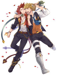 Rule 34 | 2boys, belt, black jacket, black pants, boots, bouquet, brown belt, closed mouth, flower, granblue fantasy, highres, holding, holding bouquet, holding flower, jacket, looking at another, male focus, multiple boys, official alternate costume, open clothes, open jacket, open mouth, open vest, orange vest, pants, percival (granblue fantasy), percival (the dragon knights) (granblue fantasy), petals, red flower, red rose, rose, shirt, simple background, sleeveless, sleeveless jacket, smile, touya tsuzuru, undercut, vane (granblue fantasy), vane (the dragon knights) (granblue fantasy), vest, white background, white shirt