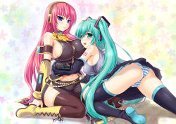 Rule 34 | 2girls, all fours, aqua eyes, aqua hair, ass, blue eyes, blush, breasts, cameltoe, covered erect nipples, detached sleeves, hatsune miku, headset, hug, kawase seiki, large breasts, long hair, looking back, megurine luka, multiple girls, navel, panties, pink hair, sitting, smile, striped clothes, striped panties, thighhighs, twintails, underwear, very long hair, vocaloid, wariza