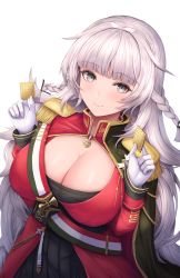 Rule 34 | 1girl, azur lane, black skirt, braid, breasts, buran (22x), cleavage, cookie, epaulettes, food, from above, gloves, gold trim, grey eyes, highres, italian flag, jacket, large breasts, long hair, looking at viewer, looking up, miniskirt, pleated skirt, red jacket, shiny skin, silver hair, skirt, smile, solo, twin braids, very long hair, vittorio veneto (azur lane), white gloves