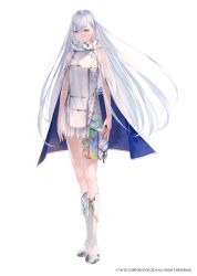 Rule 34 | 1girl, arms at sides, blue eyes, boots, cloak, copyright request, full body, high collar, highres, long hair, looking at viewer, pouch, see-through, skirt, sleeveless, solo, sousou (sousouworks), thigh pouch, white background, white cloak, white footwear, white hair, white skirt