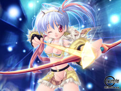Rule 34 | 1girl, arrow (projectile), blue hair, bow, bow (weapon), breasts, drawing bow, fang, holding bow (weapon), horns, ishihara masumi, laughing, medium breasts, nipples, one eye closed, purple hair, pussy, ragnarok online, red eyes, short hair, sniper (ragnarok online), solo, uncensored, wallpaper, weapon, wink