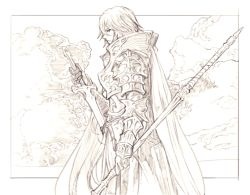 Rule 34 | 1boy, armor, cape, cloud, cloudy sky, dual wielding, greaves, greyscale, hatching (texture), holding, holding polearm, holding sword, holding weapon, male focus, monochrome, original, parted lips, pauldrons, polearm, scabbard, sheath, shoulder armor, shukei co, sky, sword, unsheathed, vambraces, weapon