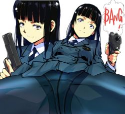 Rule 34 | 1girl, black hair, black neckwear, brown eyes, buttons, closed mouth, commentary request, crotch seam, double-breasted, grey jacket, grey pantyhose, grey skirt, gun, gusset, handgun, jacket, kamisimo 90, long hair, long sleeves, multiple views, necktie, original, panties, panties under pantyhose, pantyhose, pistol, pleated skirt, school uniform, shirt, sitting, skirt, speech bubble, tights girl (kamisimo 90), underwear, uniform, vest, weapon, white shirt