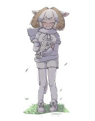 Rule 34 | 1girl, animal ears, backlighting, bodystocking, brown hair, cardigan, crying, curly hair, drawstring, closed eyes, facing viewer, full body, fur scarf, fur trim, furrowed brow, grass, highres, holding, holding skull, kemono friends, layered sleeves, long sleeves, medium hair, multicolored hair, open mouth, scarf, sheep (kemono friends), sheep ears, sheep girl, sheep tail, shoes, short over long sleeves, short sleeves, shorts, simple background, skull, smile, solo, standing, tail, torento, white background, white hair, wind, zipper