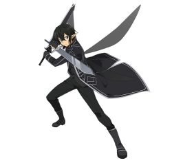 Rule 34 | 10s, 1boy, black eyes, black gloves, black hair, dual wielding, fingerless gloves, gloves, highres, holding, holding sword, holding weapon, kirito, kirito (sao-alo), kuro (sao), male focus, official art, pointy ears, short hair, simple background, solo, sword, sword art online, sword art online: code register, weapon, white background, wings