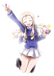 Rule 34 | 1girl, :d, absurdres, arm up, backlighting, bc freedom military uniform, black footwear, blonde hair, blue jacket, blue vest, boots, closed eyes, cup, dress shirt, drill hair, facing viewer, floating, food, full body, girls und panzer, gluteal fold, green eyes, heart, high collar, highres, holding, holding food, holding spoon, ice cream, jacket, legs up, long hair, long sleeves, marie (girls und panzer), military, military uniform, miniskirt, open mouth, pleated skirt, shibainutank, shirt, simple background, skirt, smile, solo, spoon, uniform, vest, white background, white shirt, white skirt