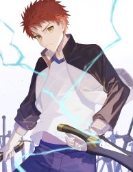 Rule 34 | 1boy, commentary request, dual wielding, emiya shirou, expressionless, fate/hollow ataraxia, fate/stay night, fate (series), highres, holding, holding sword, holding weapon, jacket, kanshou &amp; bakuya (fate), kuromamechabita, long sleeves, looking at viewer, male focus, orange hair, raglan sleeves, red hair, serious, shirt, short hair, simple background, solo, sword, upper body, weapon, white shirt, yellow eyes, yin yang