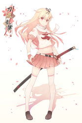 Rule 34 | 1girl, alternate color, arms at sides, black ribbon, blonde hair, brown footwear, cherry blossoms, closed mouth, commentary request, crop top, crop top overhang, dan (kumadan), emblem, fingerless gloves, full body, gloves, hair flaps, hair ornament, hair ribbon, hairclip, highres, kantai collection, katana, loafers, miniskirt, navel, neckerchief, petals, pigeon-toed, pink gloves, pink skirt, pleated skirt, puffy short sleeves, puffy sleeves, red eyes, revision, ribbon, scabbard, scarf, school uniform, serafuku, sheath, sheathed, shirt, shoes, short sleeves, simple background, skinny, skirt, sleeve cuffs, smile, solo, standing, stomach, sword, thighhighs, weapon, white background, white scarf, white shirt, white thighhighs, yuudachi (kancolle), yuudachi kai ni (kancolle), zettai ryouiki