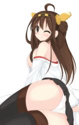 Rule 34 | 10s, 1girl, ass, bare shoulders, black thighhighs, breasts, brown hair, chimunge, grey eyes, hairband, highres, kantai collection, kongou (kancolle), large breasts, long hair, looking at viewer, nontraditional miko, one eye closed, panties, pantyshot, sideboob, skirt, smile, solo, thighhighs, underwear, upskirt, white panties, wink