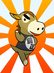Rule 34 | 1boy, animal crossing, animal ears, barefoot, black eyes, black shirt, blank eyes, bottomless, brown hair, buck (animal crossing), clothes writing, full body, furry, furry male, gradient background, hand on own hip, hand up, happy, horse ears, horse tail, iraken, japanese text, male focus, nintendo, open mouth, orange background, shirt, short hair, sleeveless, sleeveless shirt, smile, solo, standing, sunburst, sunburst background, tail, translation request, waving