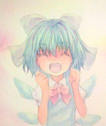 Rule 34 | 1girl, acrylic paint (medium), arms up, blue hair, bow, cirno, dress, eyelashes, closed eyes, graphite (medium), hair bow, happy, highres, ice, ice wings, open mouth, painting (medium), short hair, smile, solo, texture, touhou, traditional media, upper body, watercolor (medium), wings, yuyu (00365676)