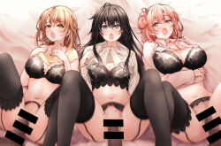 Rule 34 | 3boys, 3girls, alternate breast size, bar censor, bare shoulders, bed sheet, black bra, black hair, black thighhighs, blue eyes, blush, bra, breasts, brown hair, censored, cleavage, closed mouth, clothes lift, collared shirt, cowboy shot, crossed arms, frown, garter belt, group sex, hair bun, hands on own chest, hetero, isshiki iroha, large breasts, lifting own clothes, lingerie, long hair, long sleeves, looking at viewer, lying, medium breasts, mosaic censoring, multiple boys, multiple girls, navel, no panties, on back, on bed, orgy, parted lips, penis, petals, pink hair, pink shirt, red eyes, red hayao, sex, shirt, shirt lift, short hair, short sleeves, single hair bun, single side bun, smile, stomach, thigh strap, thighhighs, underwear, vaginal, very long hair, white shirt, yahari ore no seishun lovecome wa machigatteiru., yellow eyes, yellow shirt, yuigahama yui, yukinoshita yukino