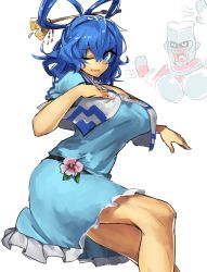Rule 34 | 1boy, 1girl, ;), blue dress, blue eyes, blue hair, blush, breasts, cleavage, crazy diamond, dress, hair ornament, hair rings, hair stick, heart, highres, jojo no kimyou na bouken, kaku seiga, large breasts, looking at viewer, melon22, one eye closed, open mouth, short hair, smile, solo focus, thighs, touhou, vest
