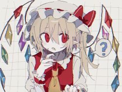 Rule 34 | 1girl, ?, ascot, blonde hair, bow, crystal, fang, flandre scarlet, frilled hat, frills, gil (gil 261), grid background, hair between eyes, hat, hat bow, hat ribbon, looking to the side, mob cap, nail polish, one side up, open mouth, pointy ears, puffy short sleeves, puffy sleeves, red bow, red eyes, red nails, red ribbon, red vest, ribbon, shirt, short sleeves, simple background, solo, spoken question mark, touhou, upper body, vest, white hat, white shirt, wings, wrist cuffs, yellow ascot