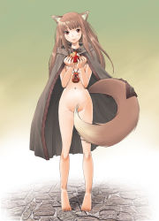 Rule 34 | 00s, 1girl, animal ears, apple, cape, food, fruit, full body, gradient background, holding, holding food, holding fruit, holo, naked cape, nude, sakai hamachi, solo, spice and wolf, standing, tail, tail censor, wolf ears, wolf tail