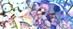 Rule 34 | 1girl, artist name, blush, breasts, cleavage, closed mouth, computer, curly hair, garter straps, headphones, headphones around neck, highres, indoors, john hathway, laptop, large breasts, long hair, looking at viewer, messy hair, original, red eyes, smile, solo, star (symbol), thighhighs, watermark, wavy hair, white thighhighs