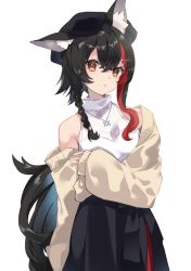 Rule 34 | 1girl, animal ear fluff, animal ears, black bow, black hair, black skirt, bow, braid, brown jacket, cowboy shot, fishnet top, fishnets, hair between eyes, hair ornament, hairclip, hololive, jacket, jewelry, long hair, long skirt, long sleeves, low-tied long hair, multicolored hair, necklace, off shoulder, ookami mio, ookami mio (street), parted lips, puffy long sleeves, puffy sleeves, red hair, shirt, side braid, sidelocks, simple background, single braid, skirt, sleeveless, sleeveless shirt, solo, streaked hair, tsushi, very long hair, virtual youtuber, white background, white shirt, wolf ears, wolf girl, x hair ornament, yellow eyes