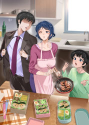 Rule 34 | 1girl, 2boys, :o, apron, blue hair, bottle, breasts, chopsticks, collarbone, collared shirt, eating, egg (food), family, father and son, food, frilled apron, frills, green shirt, husband and wife, jacket, kitchen, large breasts, long hair, long sleeves, looking at another, mole, mole under eye, mother and son, multiple boys, necktie, one eye closed, open clothes, open jacket, original, pants, pink sweater, red necktie, shirt, sink, standing, sweater, table, window, yewang19