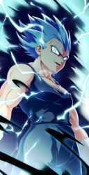 Rule 34 | 1boy, absurdres, bare arms, blue hair, bodysuit, commentary, corruption, dragon ball, dragon ball heroes, electricity, from below, gloves, highres, looking at viewer, male focus, muscular, muscular male, pectorals, shumai (sm318), signature, sleeveless, smile, solo, spiked hair, super saiyan, super saiyan blue, vegeta, white gloves