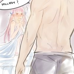 Rule 34 | 1boy, 1girl, ^^^, back, bare back, bed, bed sheet, blunt bangs, blurry, blush, depth of field, english text, fire emblem, fire emblem awakening, frederick (fire emblem), full-face blush, hair ornament, long hair, naked sheet, nintendo, nude, open mouth, pink hair, robin (female) (fire emblem), robin (fire emblem), sitting, sketch, solo focus, topless male, tusia