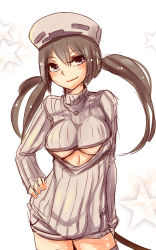 Rule 34 | 1girl, at2., breasts, cleavage cutout, clothing cutout, cowboy shot, grey eyes, grey hair, grey thighhighs, hair between eyes, hand on own hip, hat, head tilt, highres, holding, long sleeves, looking at viewer, meme attire, minecraft, open-chest sweater, personification, ribbed sweater, shiny skin, short hair, short hair with long locks, skeleton (minecraft), sleeves past wrists, smile, solo, standing, star (symbol), starry background, sweater, thighhighs, tsurime, turtleneck, twintails, underboob, white background, zettai ryouiki