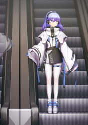 Rule 34 | 1girl, bigxixi, blue eyes, boots, capelet, closed mouth, commentary request, escalator, gloves, hair between eyes, headphones, highres, jacket, long sleeves, looking away, looking to the side, mirror, original, pantyhose, purple hair, reflection, sleeves past wrists, solo, standing, white capelet, white footwear, white gloves, white jacket, white pantyhose, wide sleeves