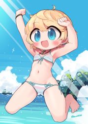 Rule 34 | 1girl, :d, armpits, arms up, bare arms, bare legs, bare shoulders, barefoot, bikini, blonde hair, blue eyes, blue sky, blush, breasts, cloud, collarbone, commentary request, commission, day, front-tie bikini top, front-tie top, full body, hair between eyes, highres, horizon, nanatsuta, navel, ocean, open mouth, original, outdoors, side-tie bikini bottom, skeb commission, sky, small breasts, smile, solo, striped bikini, striped clothes, swimsuit, twitter username, water
