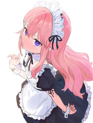 Rule 34 | 1girl, apron, black dress, black ribbon, blush, closed mouth, commentary request, crossed bangs, detached collar, dress, frilled apron, frills, hair ornament, hairclip, hand up, highres, jitome, long hair, looking at viewer, maid, maid headdress, neck ribbon, nose blush, original, pink hair, purple eyes, ribbon, short sleeves, signalviolet, simple background, solo, sweat, very long hair, white apron, white background, wrist cuffs