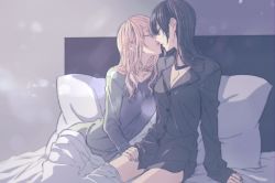 Rule 34 | 2girls, aihara mei, aihara yuzu, bed, black hair, blonde hair, breasts, citrus (saburouta), cleavage, closed eyes, hand on another&#039;s thigh, highres, imminent kiss, inseki, multiple girls, pajamas, pillow, sitting, yuri