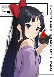 Rule 34 | 1girl, absurdres, akiyama mio, black eyes, black gloves, black hair, blush, bow, character name, chinese commentary, commentary request, copyright name, food, from side, fruit, gloves, hair bow, highres, holding, holding food, holding fruit, k-on!, listen!!, long hair, looking at viewer, looking to the side, purple shirt, red bow, shirt, short sleeves, solo, strawberry, upper body, xian yu zhanshi