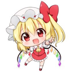 Rule 34 | 1girl, :d, arm up, ascot, blonde hair, blush, bow, chibi, crystal, fang, flandre scarlet, frilled shirt collar, frilled skirt, frilled sleeves, frills, full body, hair between eyes, hat, hat bow, hat ribbon, head tilt, kneehighs, looking at viewer, mary janes, medium hair, mob cap, open mouth, outstretched arm, puffy short sleeves, puffy sleeves, red bow, red eyes, red footwear, red ribbon, red skirt, red vest, ribbon, shirt, shoes, short sleeves, side ponytail, simple background, skirt, skirt set, smile, socks, solo, standing, standing on one leg, suwa yasai, touhou, v, vest, white background, white hat, white shirt, white socks, wings, wrist cuffs, yellow ascot