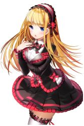 Rule 34 | 1girl, aile (crossroads), black bow, black bowtie, black skirt, blonde hair, blue eyes, bow, bowtie, breast hold, breasts, circle skirt, frilled skirt, frills, hairband, highres, long hair, looking at viewer, medium breasts, official art, open mouth, shesta (soccer spirits), skirt, soccer spirits, solo, standing, thighhighs, transparent background, white thighhighs