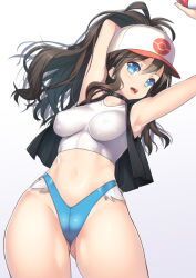 Rule 34 | 10s, 1girl, armpits, arms up, baseball cap, blue eyes, breasts, brown hair, choker, covered erect nipples, cowboy shot, creatures (company), game freak, gluteal fold, hat, highleg, highleg panties, hilda (pokemon), holding, impossible clothes, long hair, looking at viewer, medium breasts, midriff, nagase haruhito, nintendo, panties, poke ball, pokemon, pokemon bw, ponytail, simple background, solo, standing, taut clothes, thighs, underwear, vest