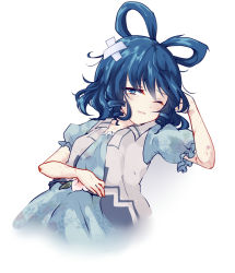 Rule 34 | 1girl, abuse, blood, blue dress, blue eyes, blue hair, bruise, chinese clothes, collarbone, commentary request, crossed bandaids, dress, flower, frilled sleeves, frills, hair ornament, hair rings, hair stick, injury, kaku seiga, looking at viewer, medium hair, one eye closed, ryona, simple background, solo, touhou, uranaishi (miraura), vest, white background, white vest