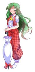Rule 34 | 1girl, alphes (style), ascot, bare arms, blush, breasts, closed mouth, closed umbrella, collared shirt, dairi, eyebrows, facing away, frown, full body, green eyes, green hair, half-closed eyes, highres, kazami yuuka, kazami yuuka (pc-98), long hair, medium breasts, open clothes, open vest, pants, parody, plaid, plaid pants, plaid vest, pocket, puffy short sleeves, puffy sleeves, red pants, red vest, shirt, short sleeves, socks, solo, standing, style parody, tears, touhou, touhou (pc-98), transparent background, umbrella, vest, white shirt, white socks, white umbrella, yellow ascot