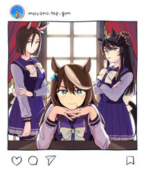 Rule 34 | 4girls, absurdres, air groove (umamusume), animal ears, blue eyes, bow, bowtie, breasts, brown hair, closed mouth, curtains, hair down, head rest, highres, holding own arm, horse ears, horse girl, horse tail, indoors, instagram, interlocked fingers, long hair, long sleeves, looking at viewer, mayano top gun (umamusume), multicolored hair, multiple girls, narita brian (umamusume), own hands together, ponytail, purple shirt, purple skirt, rope, school uniform, shimenawa, shirt, short hair, sitting, skirt, small breasts, smile, standing, streaked hair, sweatdrop, tail, tokai teio (umamusume), tracen school uniform, umamusume, window, yellow eyes, yonu (yonurime)