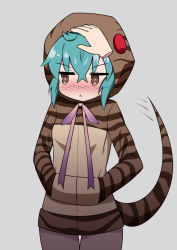 Rule 34 | &gt;:&lt;, 10s, 1girl, :&lt;, blush, brown eyes, closed mouth, cowboy shot, cowfee, disembodied limb, embarrassed, green hair, grey background, hair between eyes, hands in pockets, headpat, hood, hoodie, jitome, kemono friends, long sleeves, looking away, looking to the side, ribbon, short hair, simple background, snake tail, solo, striped clothes, striped hoodie, striped tail, tail, thigh gap, tsuchinoko (kemono friends), v-shaped eyebrows