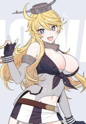 Rule 34 | 1girl, ahoge, bad id, bad pixiv id, bao (840bao), bare shoulders, blonde hair, blue eyes, breasts, cleavage, elbow gloves, fingerless gloves, front-tie top, garter straps, gloves, headgear, highres, iowa (kancolle), kantai collection, large breasts, long hair, miniskirt, navel, skirt, sleeveless, solo, star-shaped pupils, star (symbol), symbol-shaped pupils