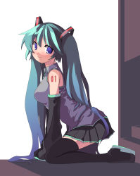 Rule 34 | 1girl, aqua hair, blue eyes, breasts, detached sleeves, female focus, full body, hatsune miku, long hair, saiste, smile, solo, thighhighs, twintails, very long hair, vocaloid, white background