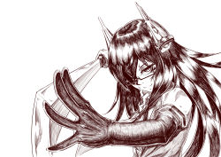 Rule 34 | 1girl, absurdres, bad id, bad pixiv id, blood, blood on face, closed mouth, crosshatching, elbow gloves, foreshortening, glasses, gloves, hatching (texture), headgear, highres, holding, holding sword, holding weapon, katana, long hair, looking at viewer, monochrome, portrait, ray (pixiv9514208), shirt, short sleeves, smile, solo, sword, tenryuu (warship girls r), warship girls r, weapon, white background, white shirt