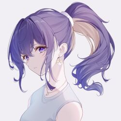 Rule 34 | 1girl, asahina mitsuru, bare shoulders, bow, closed mouth, commentary request, earrings, grey background, highres, jewelry, long hair, looking at viewer, necklace, ponytail, portrait, project sekai, purple eyes, purple hair, sidelocks, sideways glance, simple background, sleeveless, solo, yellow bow, yuki hare1130