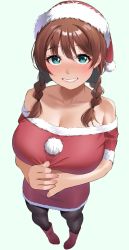 Rule 34 | 1girl, aqua eyes, arms under breasts, black pantyhose, blush, boots, braid, breasts, brown hair, cleavage, dress, emma verde, foreshortening, freckles, full body, fur trim, green eyes, grin, hair between eyes, hat, highres, igarashi kyouhei, large breasts, long hair, looking at viewer, love live!, love live! nijigasaki high school idol club, pantyhose, pigeon-toed, pom pom (clothes), red dress, red footwear, red hat, santa costume, santa hat, simple background, smile, solo, standing, twin braids, white background