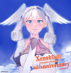 Rule 34 | 1girl, absurdres, blue eyes, grey hair, head wings, highres, meidza d, melia antiqua, outdoors, solo, wings, xenoblade chronicles: future connected, xenoblade chronicles (series), xenoblade chronicles 1