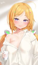 Rule 34 | 1girl, absurdres, aki rosenthal, blonde hair, blue eyes, blush, breasts, closed mouth, collarbone, detached hair, glass, gradient background, grey background, harry (dudwofla), highres, holding glass, hololive, large breasts, long sleeves, looking at viewer, no bra, off shoulder, parted bangs, shirt, short hair, smile, solo, twintails, upper body, virtual youtuber, white shirt